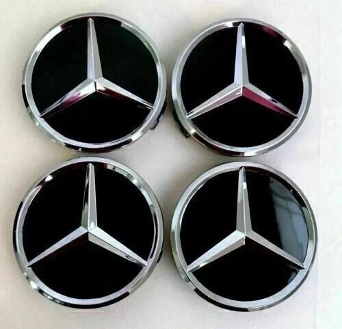 4 x Black Mercedes Benz 75mm Alloy Wheel Centre Caps AMG A B C E S M ...