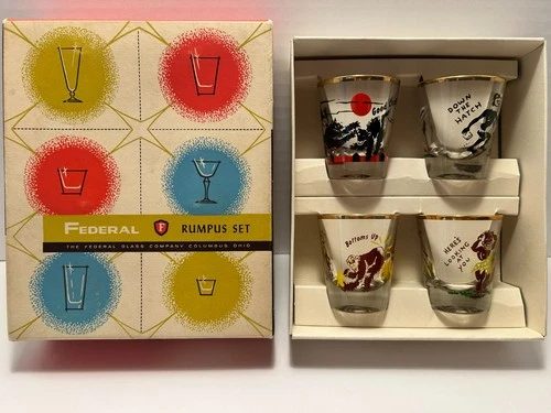Vintage 1960s Federal Glass Rumpus Set of 4 Shot Glasses in Original Box Nice