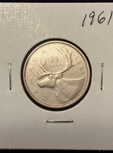 1961 Canada Silver Quarter 25 Cents Elizabeth II .800 Fine Caribou Coin VF