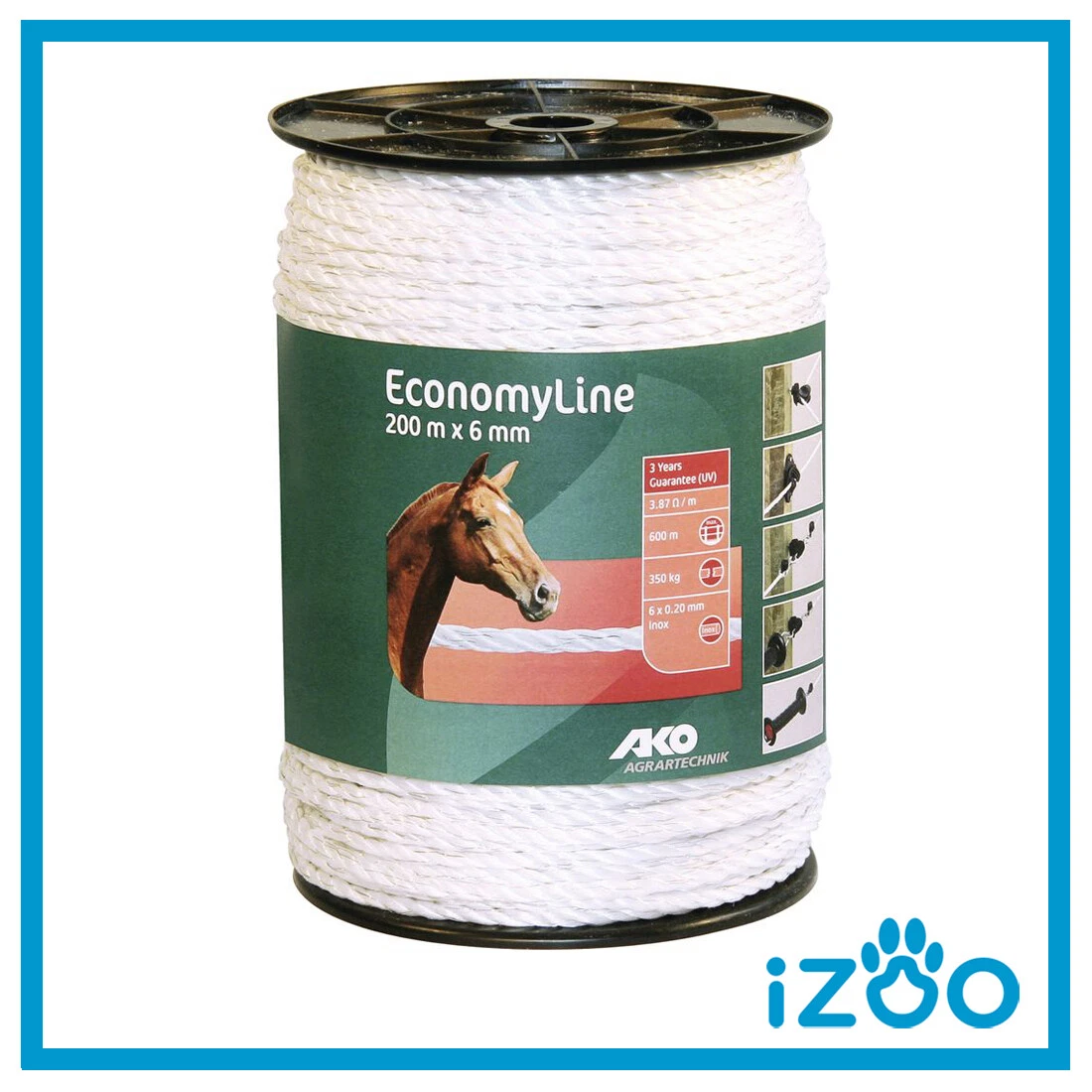Corda Per Recinto Elettrico Da 8 Mm, 200 M, Conduttiva, Per Cavalli E Animali - Resistente, UV, Carico Rottura 500 Kg