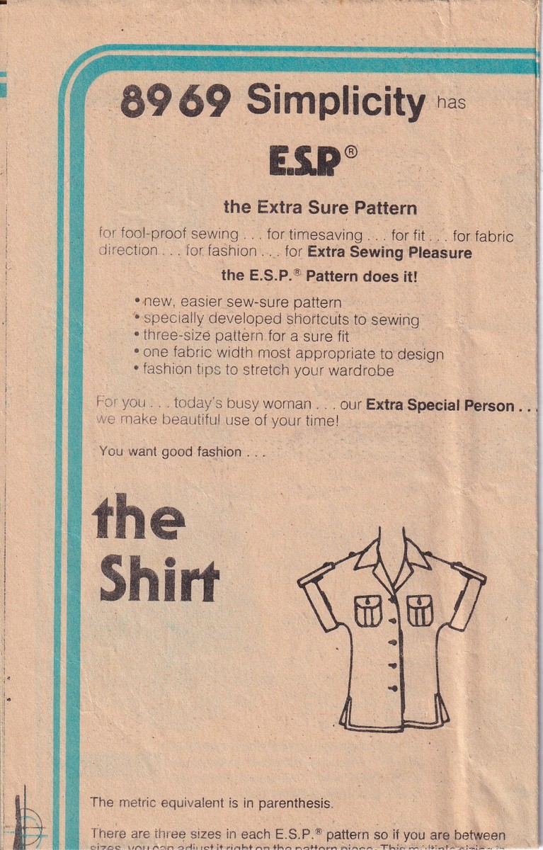 Simplicity 8969 Classic 1980s Shirt Pattern Button Up Sleeves