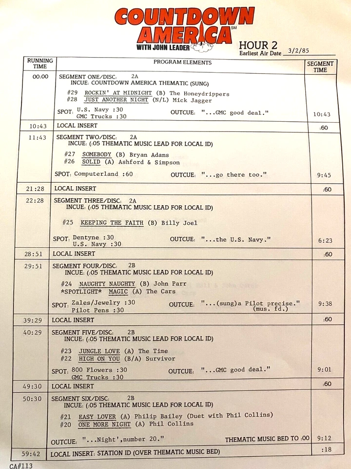 3/2/85 JOHN LEADER'S COUNTDOWN AMERICA FEATURES THE CARS; PRINCE/APOLLONIA, TIME - Image 3 of 4