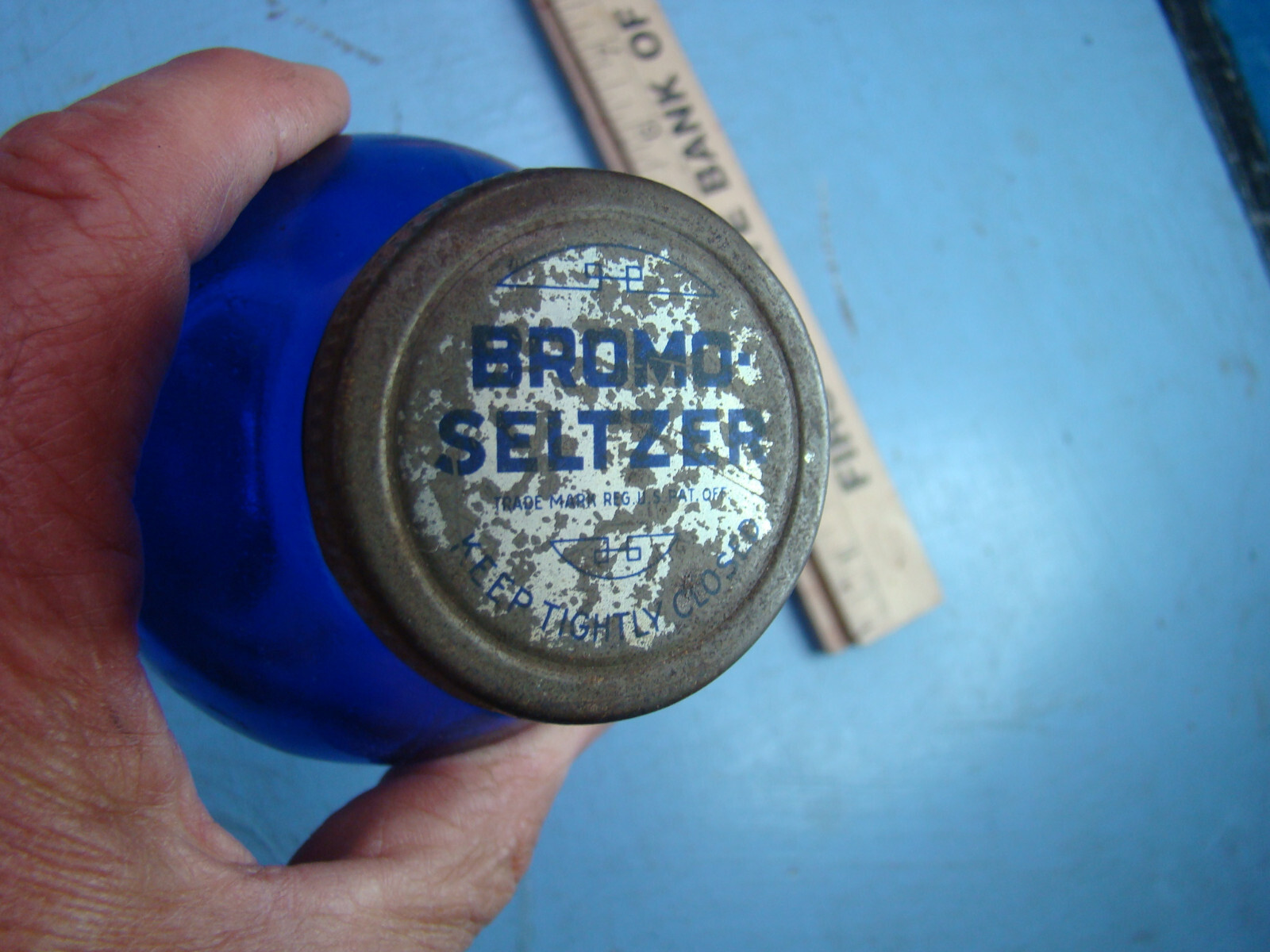 Blue Bromo Seltzer Bottle Pharmacy For Dry Ingredient Dispenser, W/ Cap & Label