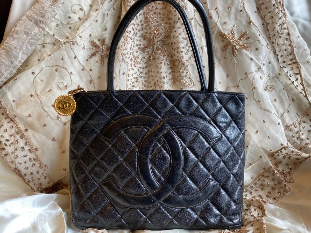 CHANEL CC Logo Quilted Caviar Leather Shopper Bag Black