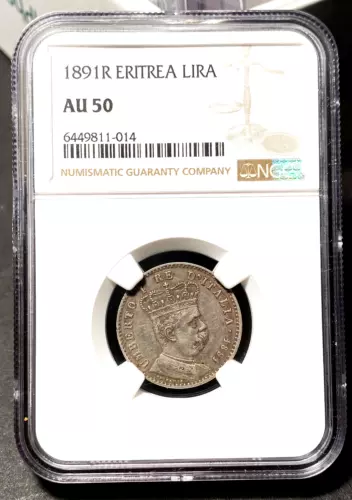 Eritrea 1891 Silver 1 Lira, NGC AU 50 old deep toning.