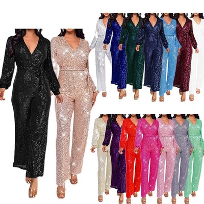 Lively Autumn Winter Fashion Women's V Neck Long Sleeve Sequin Rompers