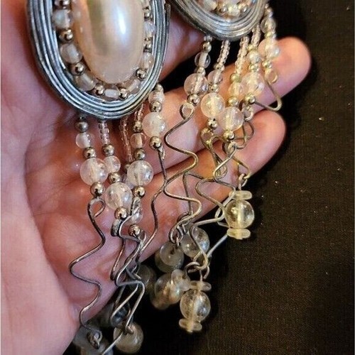 Orecchini Clip-On Vintage Anni 70 Eccezionali Rari Tono Argento Perla Nappa - Unici - Foto 7 di 14