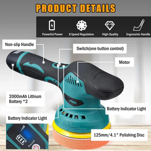 12VCordless Car Polisher Kit 8-Speed Buffer Polishing Machine Sander 2 Batteries - Picture 8 of 10