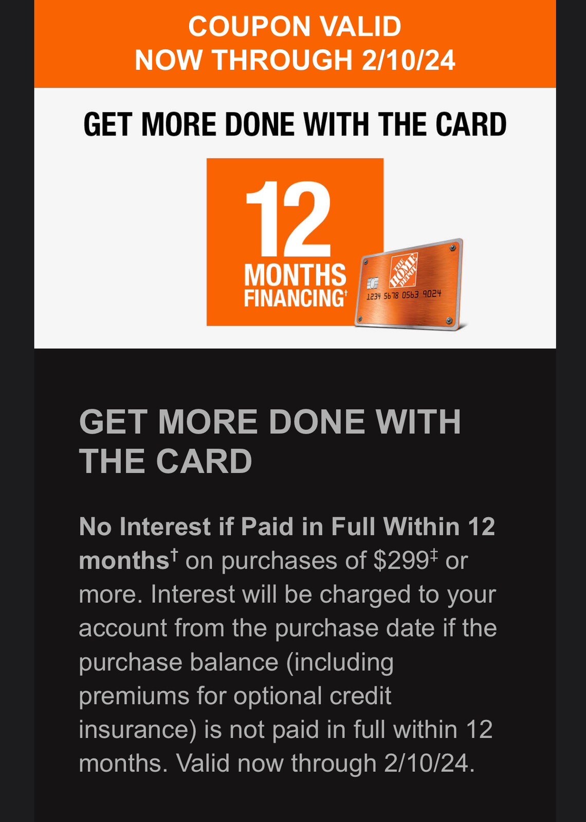 Home Depot Coupon 12 Mos 0 Interest on order of 299+ Home Depot Card 2/10/24 eBay