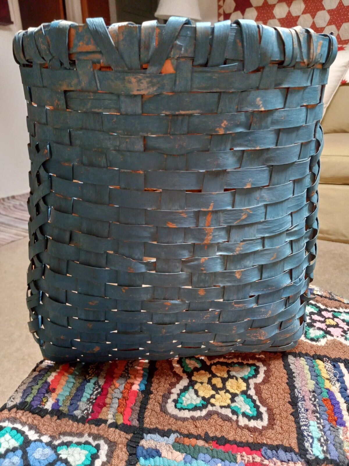 Antique Vintage Painted Original Blue Color Splint Basket