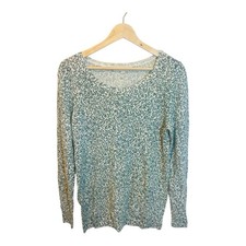 LOFT Floral Crew Neck Wool Blend Sweater Top Medium Blue Green Business Casual