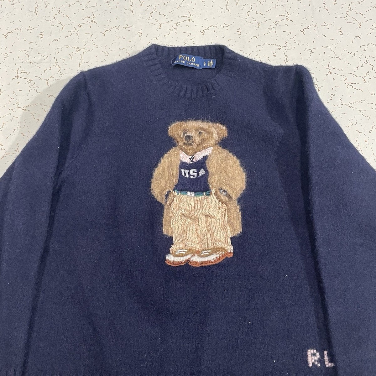 Polo Ralph Lauren Collegiate Bear Sweater Navy Blue Linen Cotton