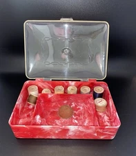 Vintage Red Marbled Plastic Sewing Box & Contents Old Thread Notions Keeper MCM