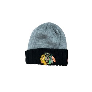 Chicago Blackhawks NHL Knit Beanie Hat Gray Black Cuffed Logo & Flag