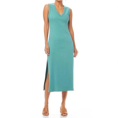 #ad Karen Kane Sleeveless Ribbed V Neck Midi Column Dress Aqua $42.00