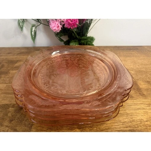 Vintage Federal Glass Madrid Pink Depression Glass Dinner Plates Set of 4 Retro