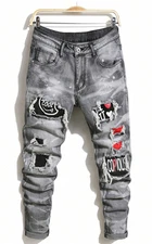 Pantalones Para Hombre de Vestir Moda Pantalón Vaqueros Gris Rasgado Mezclilla