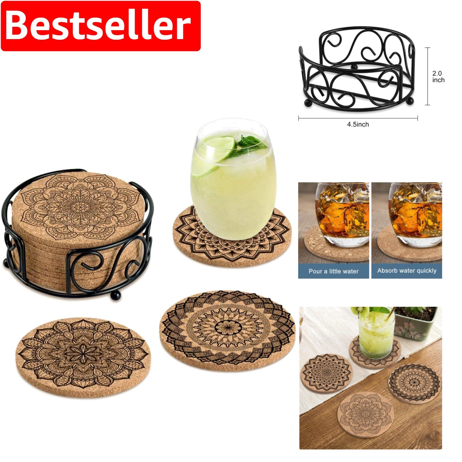 4-Inch Cork Coasters with Holder – Stylish Furniture Protection