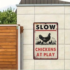 Farmhouse Chickens At Play Retro Metal Sign Hen Chicks Warning Decor Yard Coop