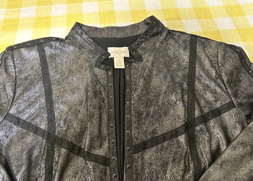 Chico’s Black Dressy Jacket Metallic - Long Coat Sz 2 (equiv to sz 12 Large) - Image 3 of 4