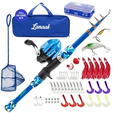 KIDS FISHING POLE Rod Reel Starter Kit Tackle Box Minnow Net Youth Blue LANAAK