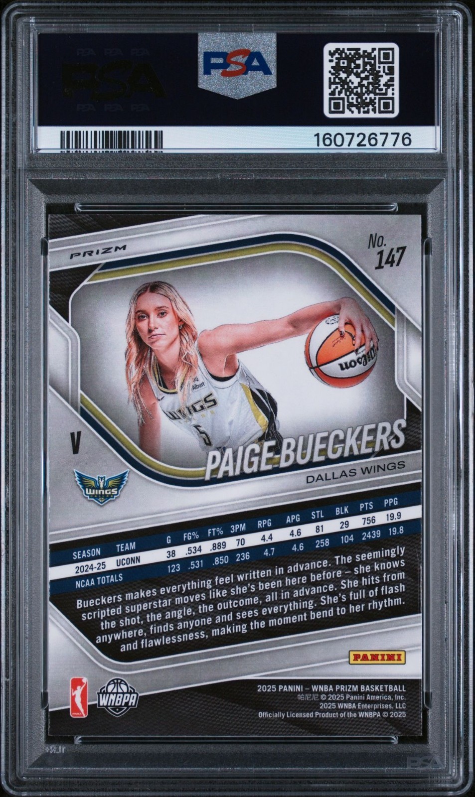Panini 2025 Prizm WNBA Paige Bueckers #147 Rookie Var Silver Prizm PSA 10 view 2