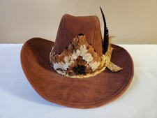 Vintage 1980's Brown Suede Cowboy Hat Wire Rim Felt Size Large Feathered Band
