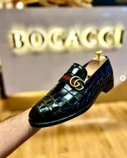 Handmade men Black Crocodile Moccasin, Leather dress loafer shoes men, formal