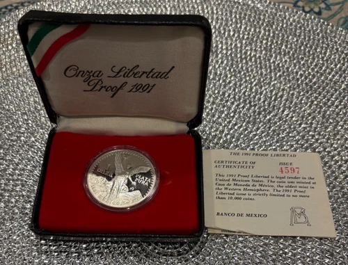 Mexico 1991 Silver Libertad 1 Onza Proof Coin with Box & COA 1 oz 0.999 Pure