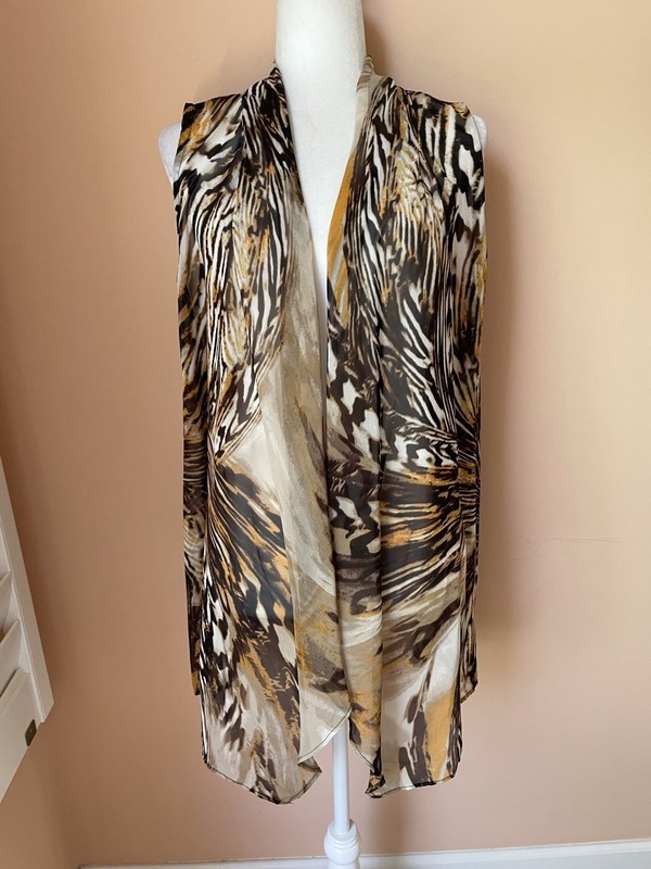 Susan Craver Abstract Animal Print Silky Poly Open Front Vest Top L