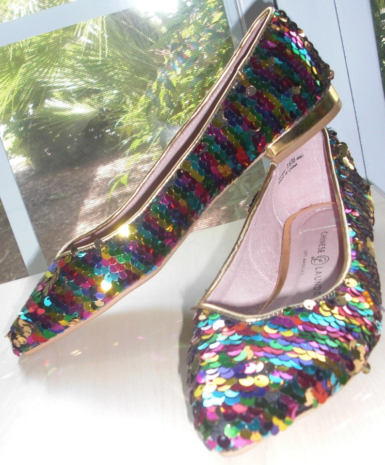 全新中国 Laundy 尺寸 7.5 珠片钱包平底皮革懒人鞋金色装饰 — 第 2/4 张图片