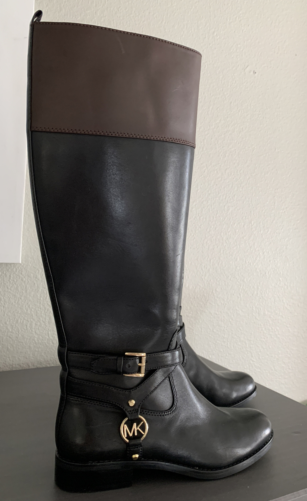 MICHAEL KORS Kincaid Leather Logo Riding Boot Black/ Brown Size 5.5 ...