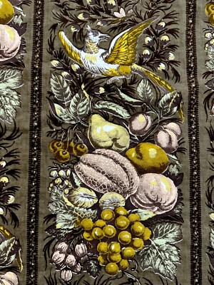 VTG Pheasant Fabric Feast Bird Fruit Stripe Brown French County Interior 1+ Yrd