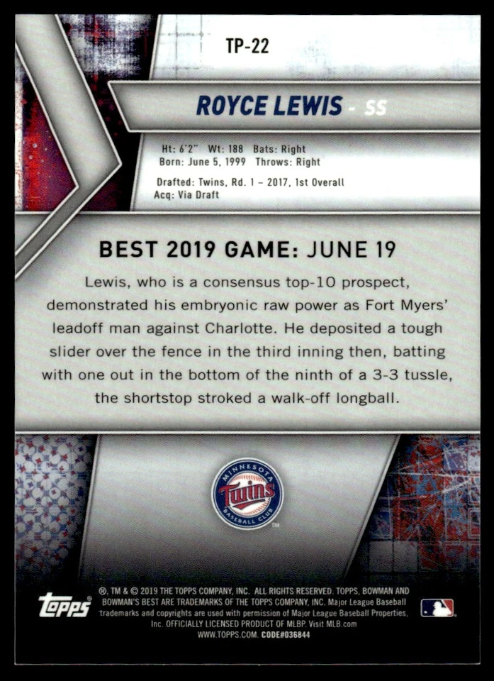 2019 Bowman's Best Top Prospects PURPLE Refractor Royce Lewis 093/250 Minnesota - Image 2 of 2
