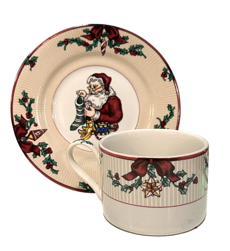 VTG Fitz & Floyd Santa's List Christmas Coffee Tea Cups & Saucers-have multiple