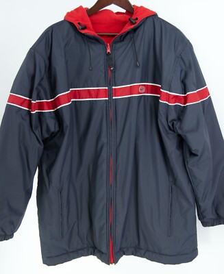 Nike Mens Reversible Coat Fleece Logo Hood Pockets Blue Red Size XL Winter