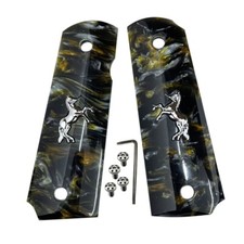 1911 Grips Full Size fit Colt Springfield Grips Black Pearl Silver Horse  Screw