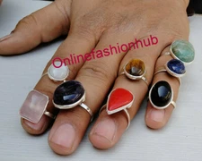 Coral & Mix Gemstone 925 Sterling Silver Plated Bezel Worry Rings Wholesale Lot~
