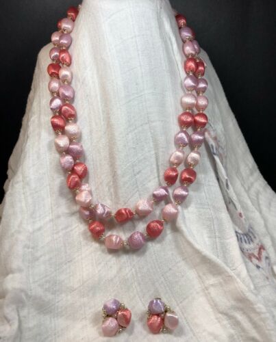 Vintage Pink Lavender Satin Finish Beads Necklace Clip On Earrings Set