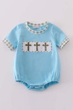 Boy's Boutique Green Blue Easter Cross French Knot Embroidered Embroidery Gingha