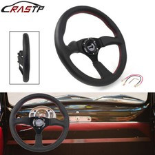Genuine Leather 350mm 14inch Deep Dish Steering Wheel 6 Bolt W Horn Button