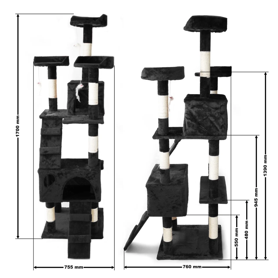 Arbre à chat Noir 170 cm Corde en sisal Griffoir Grattoir Jeux Plateforme - Image 4 of 4
