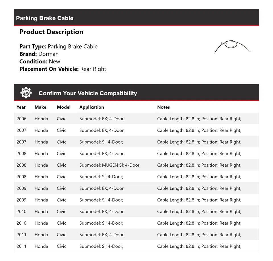 Задний правый трос стояночного тормоза для Honda Civic Dorman 2006-2011 годов выпуска 2007 2008 2009 годов выпуска - Изображение 2 из 4