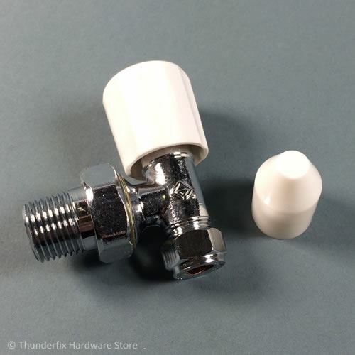 Optima Radiator Valve Angled 10mm Chrome Plated Wheelhead and Lockshield Tops - Picture 1 of 1
