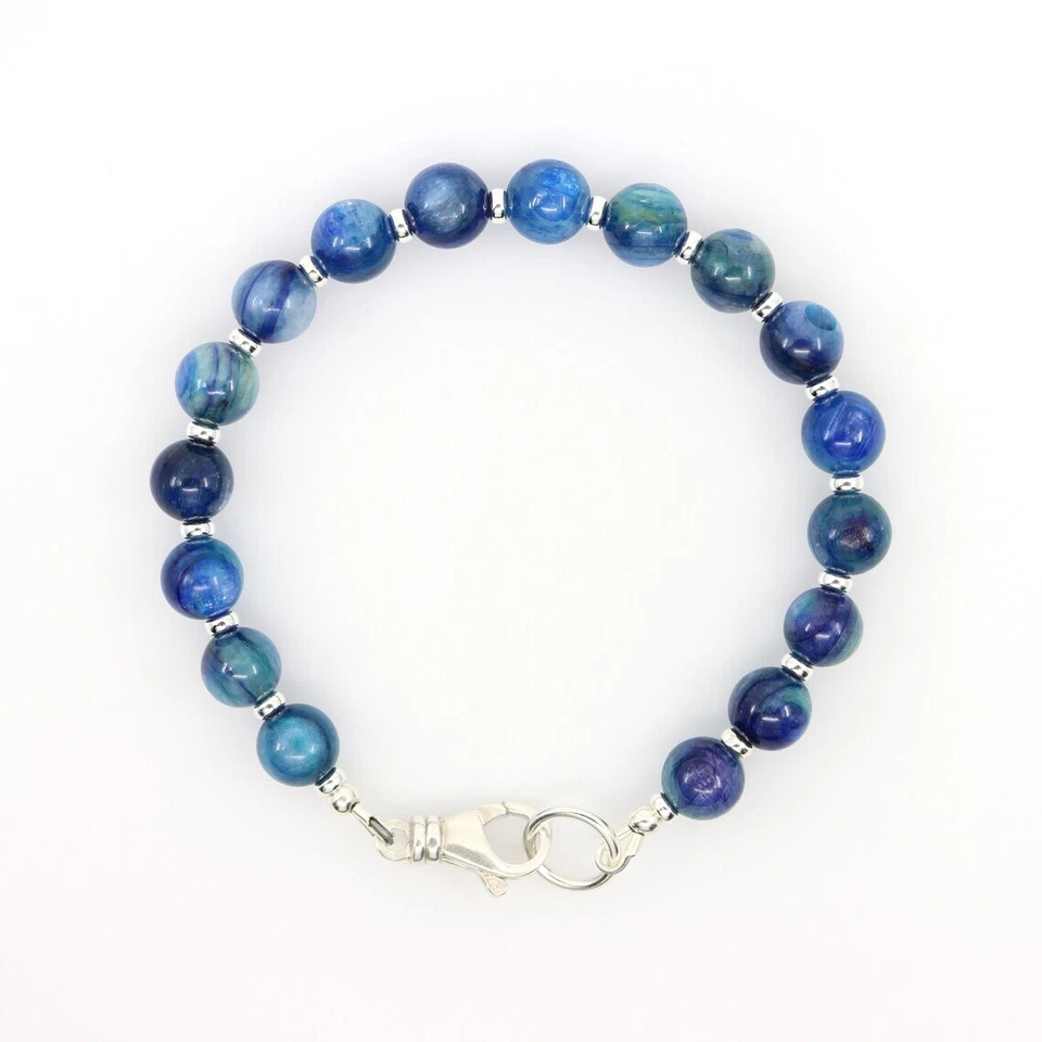 Blue Kyanite Bracelet, Genuine High-End Round 8mm Beaded Sterling Silver - Image 3 of 4