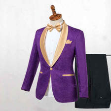 Men's Suit Purple Paisley Floral Gold Lapel Blazer Groom Tuxedo Wedding Custom