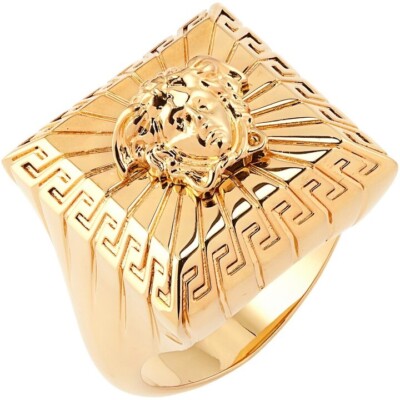 NIB Versace Medusa Sunburst Logo Greca Greek Key Square Gold Ring