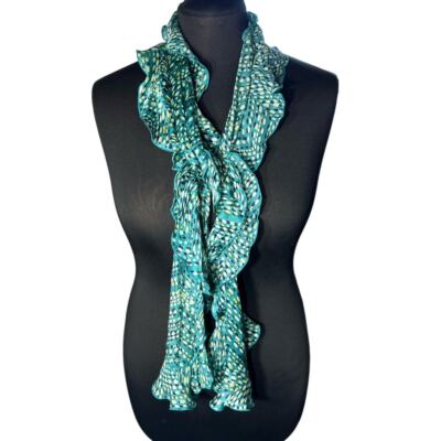 Green Multi Colored Geometric Silky Ruffle Trimmed Lightweight Scarf