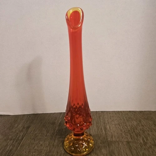 Vintage Fenton Amberina Hobnail Swung Vase – 10” Orange Gold Art Glass