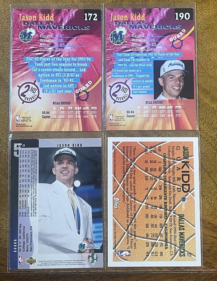 JASON KIDD 4 CARD ROOKIE LOT DALLAS MAVERICKS - VINTAGE BASKETBALL ...